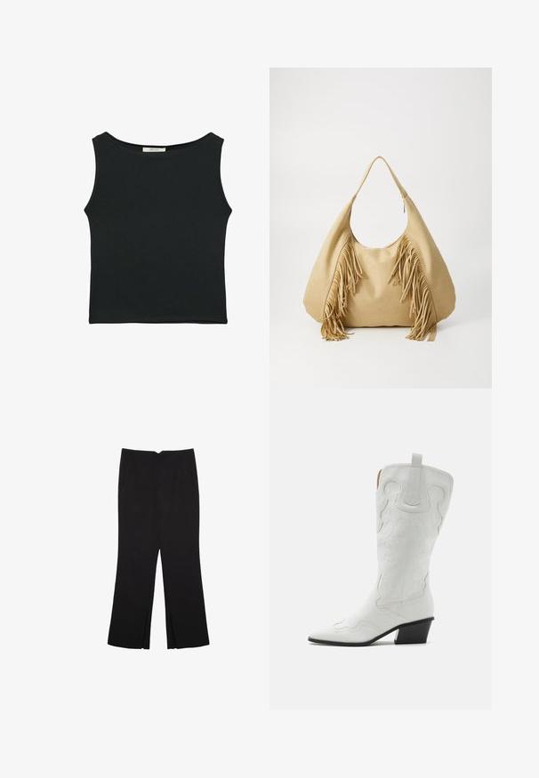 Top sans manches noir en tissu lisse, avec un col rond et une coupe ajustée, sans motifs ni ornements apparents.; Pantalon noir avec une coupe droite, doté de poches avant et d'éclairs sur l'ourlet. Fabriqué en tissu doux et lisse. Convient à diverses occasions.; RAID NOUR - Bottes de cowboy / motard - off white; Sac à épaule en daim beige avec une grande ouverture et de longs accessoires en frange de chaque côté, présentant une texture lisse et une seule anse.