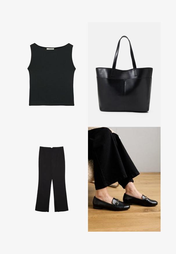 Černý top bez rukávů vyrobený z hladké látky, s kulatým výstřihem a přiléhavým střihem bez viditelných vzorů nebo ozdob.; Černé kalhoty s rovným střihem, s předními kapsami a bočními rozparky na lemu. Vyrobené z jemné, hladké tkaniny. Vhodné na různé příležitosti.; Černé kožené mokasíny se čtveratým špičkou a malým podpatkem, ozdobené zlatou dekorativní kovovou akcentací na horní straně.; Černá kožená taška s dlouhými ušima, hladkým povrchem a strukturovaným tvarem. Obsahuje přední kapsu pro další úložný prostor.