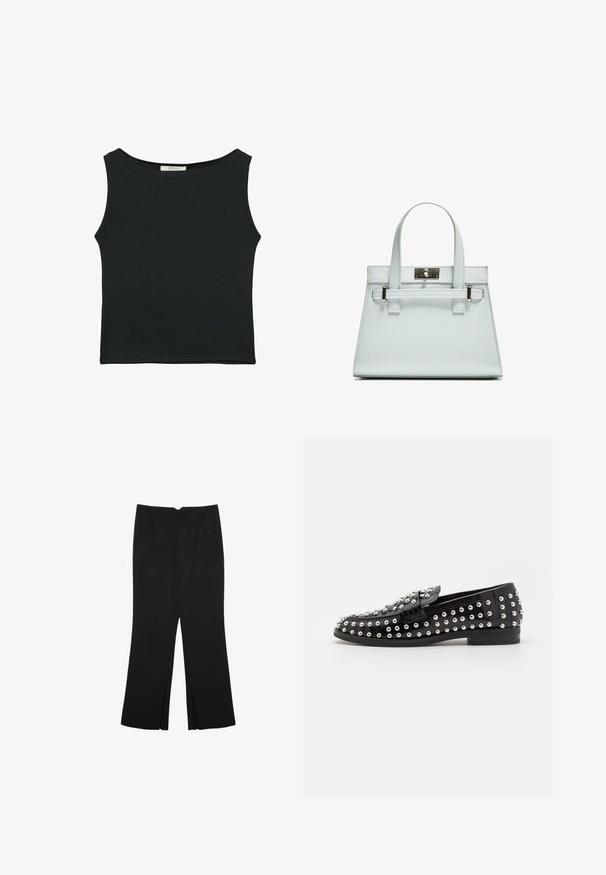 Mustat hihattomat paidat, jotka on valmistettu sileästä kankaasta. Paidassa on pyöreä kaula-aukko ja se on istuva ilman näkyviä kuvioita tai koristuksia.; Mustat housut suoralinjaisella leikkauksella, joissa on etutaskut ja sivurei'ät helman alla. Valmistettu pehmeästä ja sileästä kankaasta. Sopii eri tilaisuuksiin.; Steve Madden BEQUEST - Loaferit/pistokkaat - black; Vaaleansininen käsilaukku, jossa on jämäkkä muotoilu, kaksi kahvaa ja hopeanvärinen kiinnitys. Pinta on teksturoitu ja kulmat terävät.