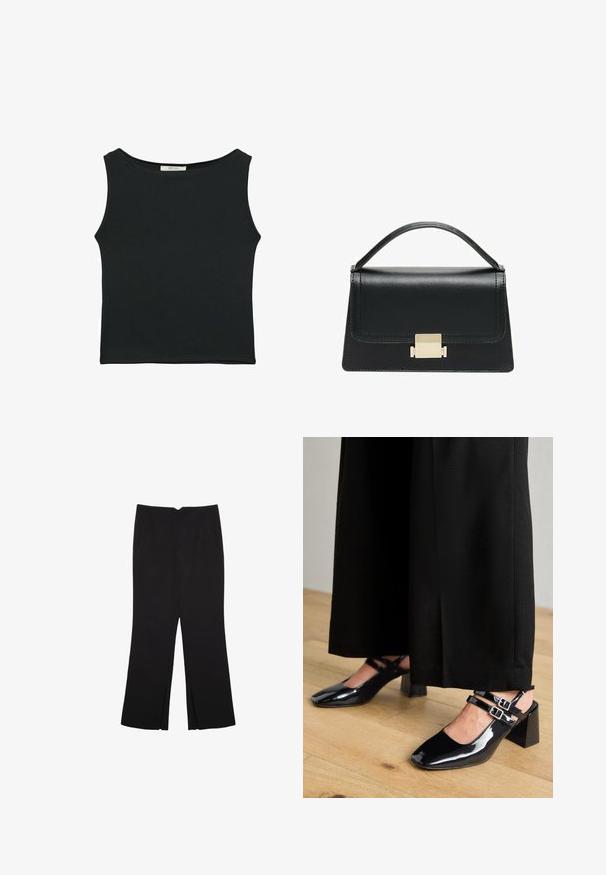 Črn brezrokavnik iz gladkega materiala, z okroglim izrezom in prilegajočim krojem, brez vidnih vzorcev ali okrasnih elementov.; Črne hlače ravnega kroja z naglavnimi žepi in stranskimi razporki na robu. Narejene iz mehke, gladke tkanine. Primerne za različne priložnosti.; Črne patentne usnjene sandale s kvadratnimi prsti, opremljene z dvema nastavljivima zapestnicama in blokastimi petami. Gladka, sijoča končana.; Črna usnjena torbica z strukturiranim dizajnom, zgornjim ročajem in zlate kovinske sponke na sprednji strani. Gladka tekstura, minimalno šivanje.
