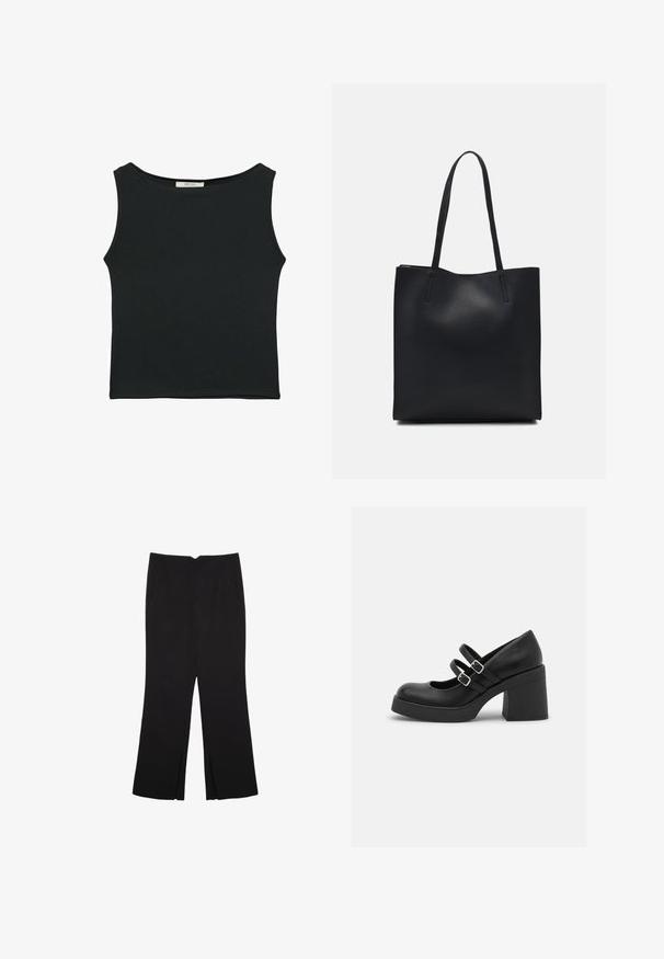 Black sleeveless top made of smooth fabric, featuring a rounded neckline and a fitted design with no visible patterns or embellishments.; Black trousers with a straight fit, featuring front pockets and side slits at the hem. Made of soft, smooth fabric. Suitable for various occasions.; Call it Spring MONROE - Platform heels - black smooth; Black leather tote bag with smooth texture, rectangular shape, and two long handles. No visible hardware or embellishments.