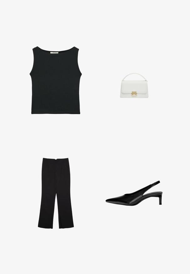 Top senza maniche nero realizzato in tessuto morbido, caratterizzato da un collo arrotondato e un design aderente senza motivi visibili o decorazioni.; Pantaloni neri a gamba dritta, con tasche frontali e spacchi laterali all'orlo. Realizzati in tessuto morbido e liscio. Adatti a diverse occasioni.; Scarpa slingback in pelle nera con punta affilata, tacco basso e design a taglio sui lati. Texture liscia con un aspetto elegante.; Borsa a tracolla bianca in pelle con design strutturato, dotata di manico superiore e chiusura in metallo dorato. Texture liscia e accenti minimalisti.