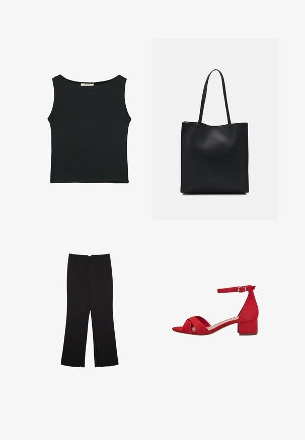 Sort ærmeløs top i glat stof, med rund halsudskæring og en tætsiddende pasform uden synlige mønstre eller udsmykninger.; Sorte bukser med lige pasform, der har frontlommer og slidser i kanten. Lavet af blødt, glat stof. Velegnet til forskellige anledninger.; Røde ruskinds sandaler med åben tå, der har hæl og ankelrem med en metallisk spænde, krydsrem-design og glat tekstur.; Sort læder tote taske med glat tekstur, rektangulær form og to lange hanke. Ingen synlig hardware eller udsmykninger.