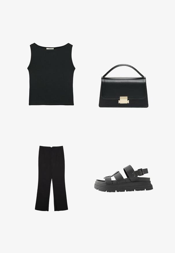 Black sleeveless top made of smooth fabric, featuring a rounded neckline and a fitted design with no visible patterns or embellishments.; Black trousers with a straight fit, featuring front pockets and side slits at the hem. Made of soft, smooth fabric. Suitable for various occasions.; Black platform sandals featuring dual adjustable straps and a buckle. Made of smooth leather with a textured rubber sole.; Black leather handbag with a structured design, top handle, and a gold metal clasp detail on the front. Smooth texture, minimal stitching.