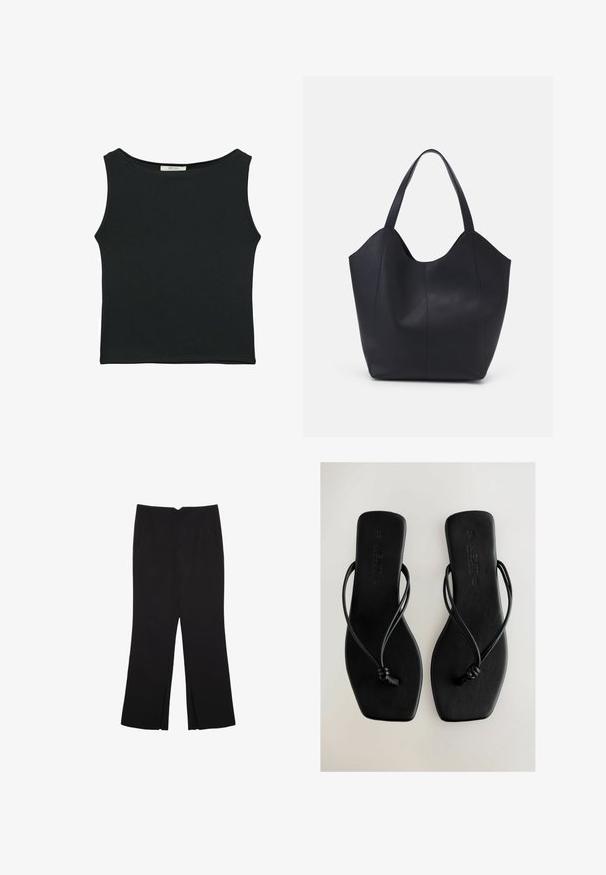 Čierny bezrukávový top vyrobený z hladkej tkaniny, s okrúhlym výstrihom a priliehavým strihom bez viditeľných vzorov alebo ozdôb.; Čierne nohavice so strihom rovného strihu, s prednými vreckami a bočnými rozparkami na leme. Vyrobené z mäkkej, hladkej tkaniny. Vhodné na rôzne príležitosti.; Čierne ploché sandále s tenkými popruhmi, obdĺžnikovou podrážkou a hladkým povrchom. Obsahujú uzlové akcenty na popruhoch a jemné značkovanie.; Čierna taška s dlhým uchom vyrobená z hladkej kože, s oblým otvoreným vrchom a dvoma ramennými popruhmi, minimalistického dizajnu.