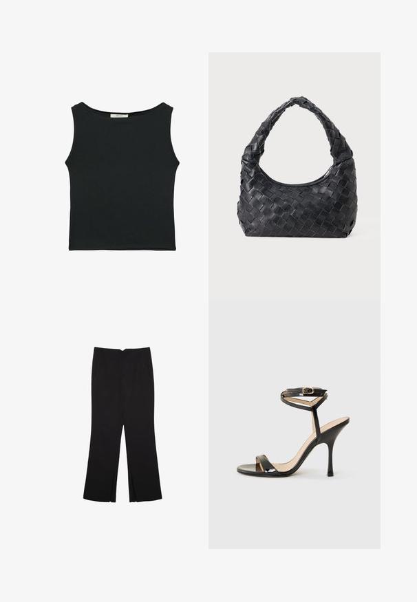 Schwarzes ärmelloses Oberteil aus glattem Stoff, mit einem runden Ausschnitt und einer figurbetonten Passform, ohne sichtbare Muster oder Verzierungen.; Schwarze Hose mit geradem Schnitt, ausgestattet mit Fronttaschen und Seitenschlitzen am Saum. Hergestellt aus weichem, glattem Stoff. Geeignet für verschiedene Anlässe.; Schwarze Lackleder-Sandaletten mit hohen Absätzen, dünnem Knöchelriemen und Schnalle, offener Zehenpartie und schlankem Stiletto-Absatz auf weißem Hintergrund.; Schwarze Leder Schultertasche mit geflochtenem Tragegriff und halbrunder Form auf einem einfarbigen Hintergrund.