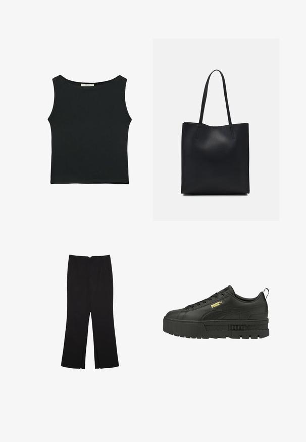 Schwarzes ärmelloses Oberteil aus glattem Stoff, mit einem runden Ausschnitt und einer figurbetonten Passform, ohne sichtbare Muster oder Verzierungen.; Schwarze Hose mit geradem Schnitt, ausgestattet mit Fronttaschen und Seitenschlitzen am Saum. Hergestellt aus weichem, glattem Stoff. Geeignet für verschiedene Anlässe.; Schwarze Leder-Plateausneaker mit strukturiertem Absatz, goldfarbenem Puma-Logo und Schnürung mit schwarzen Ösen und flachen Schnürsenkeln.; Schwarze Laptoptasche aus Leder mit glatter Textur, rechteckiger Form und zwei langen Griffen. Keine sichtbaren Beschläge oder Verzierungen.