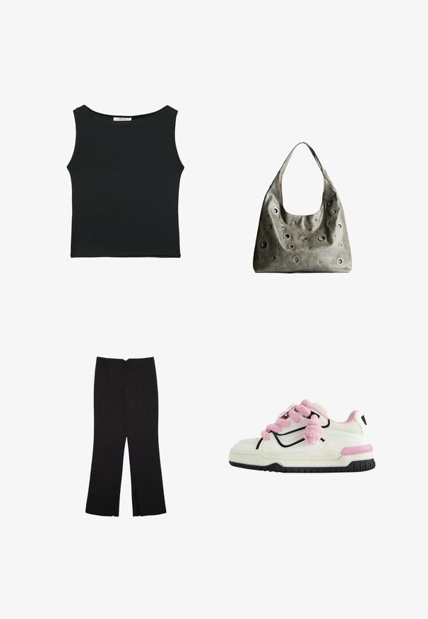 Crna majica bez rukava od glatkog materijala, s okruglim izrezom i uskim krojem bez vidljivih uzoraka ili ukrasa.; Crne hlače ravnog kroja, s prednjim džepovima i bočnim prorezima na rubu. Izrađene od mekog i glatkog materijala. Pogodne za razne prigode.; Bijela atletska cipela s ružičastim pahuljastim vezicama, crnim obrubom, perforiranim mrežastim dijelovima i masivnom gumenom potplatom s ružičastim akcentom.; Maslinasto zeleni kožni ručni kovčeg s opuštenim dizajnom, s raznim kružnim izrezima različitih veličina i naglascima u tamnijim i svjetlijim nijansama.
