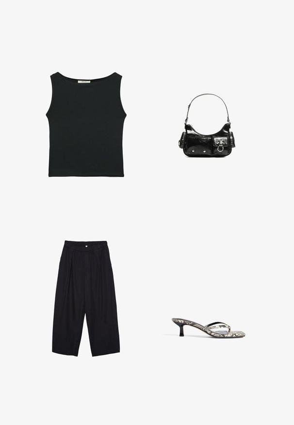 Top sans manches noir en tissu lisse, avec un col rond et une coupe ajustée, sans motifs ni ornements apparents.; Pantalon culotte noir en polyester avec une taille élastique, deux plis avant et une silhouette ample. Pas de motifs visibles ni de détails matériels.; Mules à imprimé serpent noir et blanc, à bout ouvert, avec deux fines brides et un petit talon rectangulaire. Texture lisse avec des accents brillants.; Sac à main en cuir verni noir avec une forme incurvée, une bandoulière, des poches avant et des accents en métal argenté.