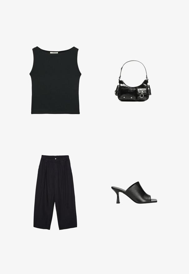 Černý top bez rukávů vyrobený z hladké látky, s kulatým výstřihem a přiléhavým střihem bez viditelných vzorů nebo ozdob.; Černé polyesterové culotte kalhoty s elastickým pasem, dvěma předními sklady a volným siluetou. Žádné viditelné vzory ani kovové detaily.; Černé kožené otevřené muly s elegantním designem, vybavené jemnou texturou a štíhlým blokovým podpatkem pro stabilitu.; Černá lakovaná kožená kabelka s křivkovým tvarem, jedním ramenním popruhem, předními kapsami a stříbrnými kovovými detaily.