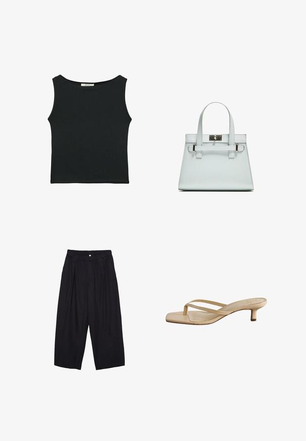 Top sans manches noir en tissu lisse, avec un col rond et une coupe ajustée, sans motifs ni ornements apparents.; Pantalon culotte noir en polyester avec une taille élastique, deux plis avant et une silhouette ample. Pas de motifs visibles ni de détails matériels.; Sandales à talons beiges avec un design à bout carré. Fabriquées en matériau lisse, avec des fines lanières et un petit talon carré.; Sac à main bleu clair au design structuré, avec deux anses et un fermoir en métal argenté. Matériau texturé et angles vifs.