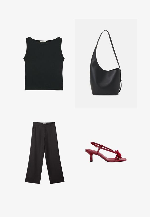Top sans manches noir en tissu lisse, avec un col rond et une coupe ajustée, sans motifs ni ornements apparents.; Pantalons larges noirs en tissu lisse, dotés d'une fermeture éclair à l'avant et de deux poches latérales, avec une coupe ajustée et un design minimaliste.; Escarpins slingback en cuir rouge avec un bout carré, de fines lanières et un accent floral texturé à l'avant. Le talon aiguille mesure environ 6 cm.; Sac hobo en cuir noir avec une texture lisse, une forme incurvée et une seule sangle réglable ; dispose d'une large ouverture en haut.