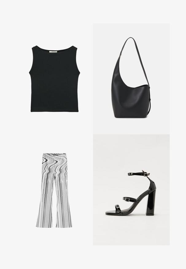 Crna majica bez rukava od glatkog materijala, s okruglim izrezom i uskim krojem bez vidljivih uzoraka ili ukrasa.; Crne i bijele hlače sa zvonastim nogavicama i valovitom prugastom šablonom. Izrađene od glatkog materijala s prilagodljivim strukom i širokim otvorima nogavica.; Crne lakirane sandale na pete sa kvadratnim nosom, trakama oko gležnja i srebrnim kopčama. Imaju čvrst blok petu za stabilnost.; Crna kožna hobo torba s glatkom teksturom, zakrivljenim oblikom i jednom podesivom trakicom; ima širok otvor na vrhu.