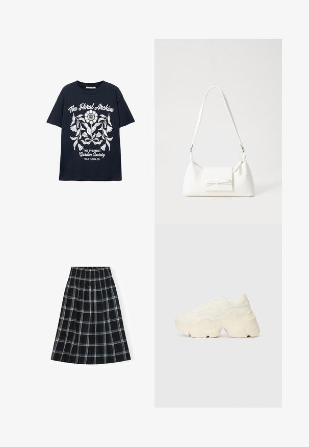 Mornarica kratka majica s kratkimi rokavi z belim cvetličnim grafičnim motivom in napisom "Cvetlični arhiv," "Društvo Evermist Garden" in "Wild Flora Co."; Črno-bela karirasta krila z nabrano pasom, do kolen, s flared obliko in mehkimi vlakni.; Debele bele športne copate, izdelane iz teksturirane mrežaste in sintetične materialov, z debelim podplatom in zapletenimi vzorčičnimi detajli ob straneh.; Bela sintetična torbica v obliki trikotnika, z ravnim sprednjim poklopcem in detajlom mašne, nastavljivim trakom, gladko teksturo in minimalističnim dizajnom.