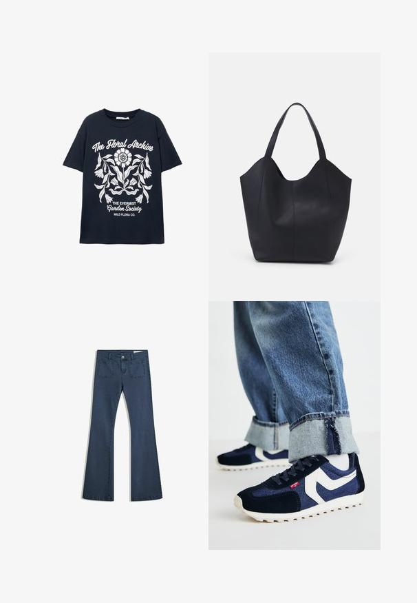 Tengerészeti rövid ujjú póló fehér virágmintával és a következő szövegekkel: "A Virágarchívum", "Az Evermist Kertészeti Társaság" és "Vadvirágok Kft."; Sötétkék, bőszárú farmernadrág, varrott zsebekkel, gombos záródással és sima felülettel. Klasszikus ötpocket dizájnnal rendelkezik.; Levi's® STRYDER RED TAB - Sportcipő - navy blue; Fekete tote táska sima bőrből, ívelt, nyitott tetővel és két vállpánttal, minimális dizájnnal.