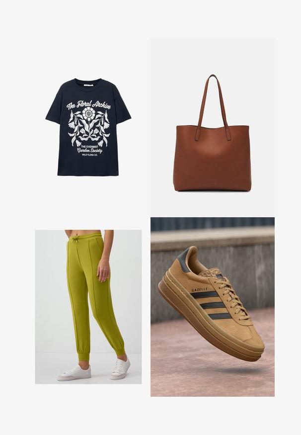 Marineblaues T-Shirt mit kurzen Ärmeln und weißem Blumenmotiv sowie Texten wie "Das Blumenarchiv", "Die Evermist Gartengesellschaft" und "Wild Flora Co."; Grüne Jogginghosen aus weichem Stoff mit einem Kordelzugbund, schmal zulaufenden Säumen und zwei seitlichen Nähten; kombiniert mit weißen Turnschuhen.; Beige Wildledersneaker mit glatter Oberfläche, drei dunklen Streifen, abgerundetem Zehenbereich und einer dickeren Sohle mit strukturiertem Rand.; Braune Leder-Tote mit glatter Textur, offenem Oberteil und zwei Schulterriemen. Verfügt über minimale Nähte und keine sichtbaren Beschläge.