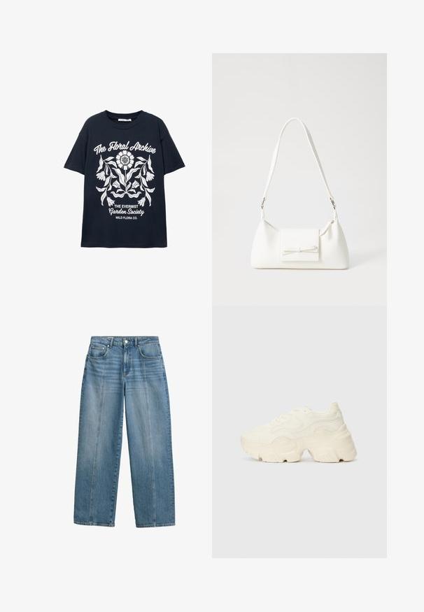 Tengerészeti rövid ujjú póló fehér virágmintával és a következő szövegekkel: "A Virágarchívum", "Az Evermist Kertészeti Társaság" és "Vadvirágok Kft."; Világoskék farmernadrág, széles lábbal és magas derékkal. Klasszikus öt zsebes kialakítással és varrott elülső panelek a további részletekért.; Tömbös fehér sneakers, amely texturált hálóból és szintetikus anyagokból készült, vastag talppal és bonyolult mintázattal az oldalakon.; Fehér szintetikus kézitáska, háromszög alakú, lapos előlap, masni részlettel, állítható pánttal, sima textúrával és minimalista dizájnnal.
