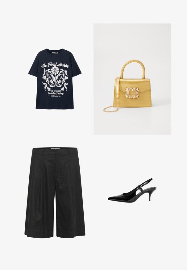 Tengerészeti rövid ujjú póló fehér virágmintával és a következő szövegekkel: "A Virágarchívum", "Az Evermist Kertészeti Társaság" és "Vadvirágok Kft."; Fekete nadrág laza, széles lábkéssel, pliszírozott elejével és sima textúrájával. Könnyű anyagból készült. A dereknál illeszkedik.; Fekete lakk bőr slingback magassarkú cipő, hegyes orral, nyitott oldalvágásokkal, karcsú sarokkal és állítható boka pánttal.; Sárga műbőr krokodil mintás kézitáska strukturált kialakítással, felső fogantyúval, leválasztható lánccal és díszes kristály díszítéssel a záron.