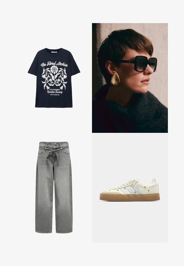 Námornícke tričko s krátkym rukávom s bielym kvetinovým grafickým motívom a textom "Kvetinový archív," "Spoločnosť Evermist Garden" a "Wild Flora Co."; Široké šedé deninové džínsy s pásom na šnúrku a prednými vreckami. Tkanina má miernu textúru a vybledlý vzhľad.; Krémové tenisky s svetlomodrými pruhmi, gumenou podrážkou a dekoračnými žltými kvetinovými akcentmi na vrchnej časti. Zaoblený tvar špičky.; Čierne nadmerné slnečné okuliare s tmavými šošovkami a zlatými kovovými doplnkami, v kombinácii s veľkým, lesklým zlatým náušnicami vo forme kvapky. Tmavý textúrovaný šál.