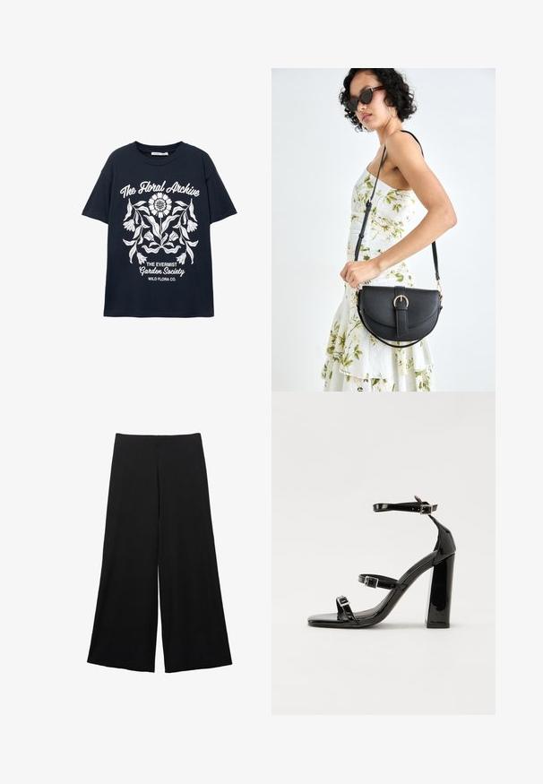 Mornarica kratka majica s kratkimi rokavi z belim cvetličnim grafičnim motivom in napisom "Cvetlični arhiv," "Društvo Evermist Garden" in "Wild Flora Co."; Črne široke hlače iz mehkega materiala. Imajo visok pas in gladko teksturo brez vidnih vzorcev ali poudarkov.; Črne lakaste sandale z visokimi petami, z dvema trakovoma z zaponkama, kvadratnim sprednjim delom in masivno širšo peto, z gladko, sijočo teksturo.; Črna usnjena torbica s ukrivljeno obliko, z odstranljivo naramnico in zlatimi dodatki. Torbica ima pokrov s podrobnostmi v obliki zaponke.
