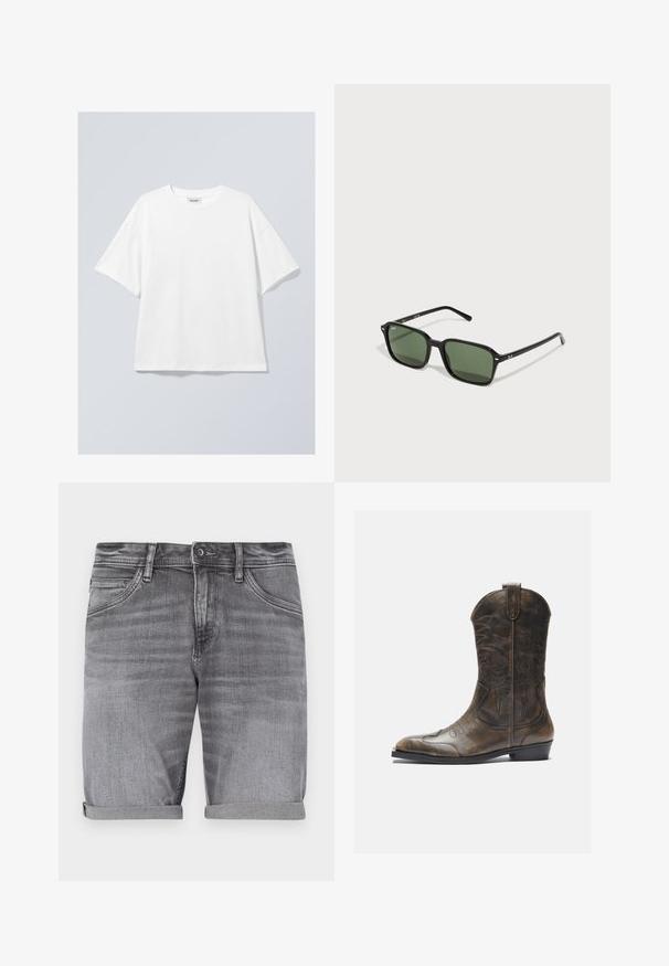 Biała bawełniana koszulka z okrągłym dekoltem i krótkimi rękawami. Luźny krój bez widocznych wzorów czy akcentów. Gładka faktura.; Szare szorty z denimu o delikatnie wyblakłym wykończeniu, z podwiniętymi mankietami, pięcioma kieszeniami oraz metalowym zapięciem w pasie.; Brązowy skórzany kowbojski but z wysoką cholewką, spiczastym noskiem, skomplikowanymi wzorami haftu i małym obcasem. Teksturalne wykończenie na całej powierzchni.; Czarne prostokątne okulary przeciwsłoneczne z zielonymi soczewkami, o połyskliwej powierzchni i cienkich zausznikach. Minimalne logo na oprawie.