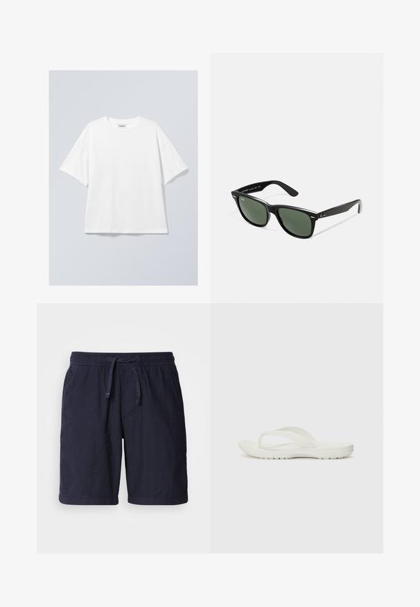 Witte katoenen T-shirt met een ronde halslijn en korte mouwen. Ontspannen pasvorm zonder zichtbare patronen of accenten. Soepele textuur.; Marineblauwe shorts van lichtgewicht stof, met een elastische tailleband en een trekkoord, en zijzakken. Casual ontwerp met gestikte zomen.; Witte flip-flops met een minimalistisch ontwerp, gemaakt van zacht rubbermateriaal, met een platte zool en een Y-vormige band voor steun.; Zwarte plastic zonnebril met groene lenzen, vierkante montuur, zilveren accent op de wenkbrauw en een gestructureerde tempel. Merken vermeld op de binnenkant van de arm.