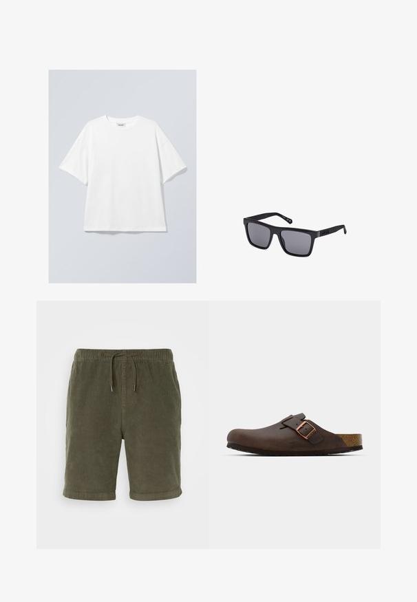 Valge puuvillane T-särk ümmarguse kaelusega ja lühikeste varrukatega. Mugav lõige, ilma nähtavate mustrite või aktsentideta. Sile tekstuur.; Oliivrohelised korduroypüksid elastse vöökauga, reguleeritava nööriga ja üles keeratud sääreotstega. Tekstuuriga kangas pehme viimistlusega.; Pruunist nahast suss laia rihmaga ja vaskse pandlaga, millel on tekstureeritud korkjalats ja paks must kummitald.; Mustad musta värvi ristkülikukujulised päikeseprillid tumedate läätsedega, mati viimistlusega ning logo detailiga templis. Disainil on sirged servad ja paksud raamid.