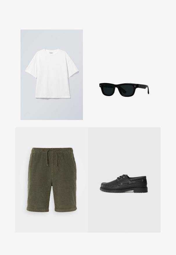 T-shirt bianco in cotone con scollo rotondo e maniche corte. Vestibilità comoda senza motivi o dettagli visibili. Texture morbida.; Bermuda in corduroy verde oliva con vita elastica, cordoncino regolabile e risvolti. Tessuto testurizzato con una finitura morbida.; Scarpa da barca in pelle nera con suola in gomma spessa, lacci anteriori e occhielli decorativi sui lati, su sfondo grigio chiaro uniforme.; Occhiali da sole neri con montatura quadrata, lenti scure e materiale plastico liscio. Presentano piccole decorazioni rotonde sul fronte e bracci sottili.; Orologio digitale Casio con cinturino in acciaio inox. Il quadrante nero mostra l'ora e il giorno, presenta pulsanti laterali ed è resistente all'acqua.