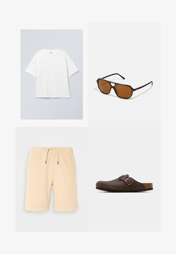 White cotton t-shirt with a round neckline and short sleeves. Relaxed fit with no visible patterns or accents. Smooth texture.; Beige corduroy shorts with an elastic waistband and drawstring. Features side pockets and a straight cut. Soft texture and smooth finish.; Brown leather clog with a wide strap and a copper buckle, featuring a textured cork footbed and a thick black rubber sole.; Tortoiseshell sunglasses with brown lenses, rectangular shape, and metal accents on the frame. Sleek design with thin arms.