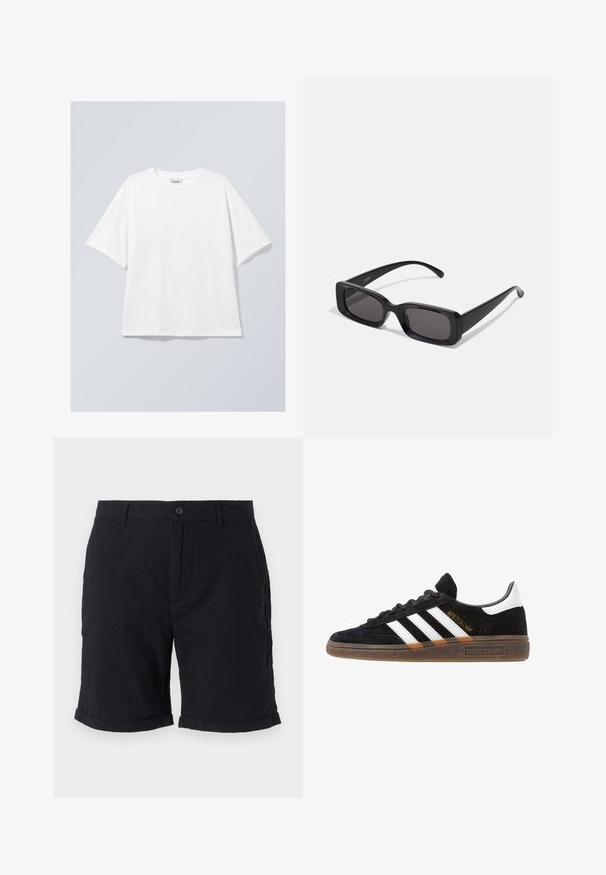 Valkoinen puuvillapaita, jossa on pyöreä kaula-aukko ja lyhyet hihat. Rentomallinen, ilman näkyviä kuvioita tai yksityiskohtia. Sileä tekstiili.; Mustat pellavashortsit nappikiinnityksellä, joissa on käännetyt lahkeet ja sivutaskut, tarjoavat tekstuurisen pinnan ja rentoa tyyliä.; Mustat Adidas-nikeset, joissa on valkoiset raidat, kultaiset "Spezial"-tekstiset, kumipohja ja valkoinen kantapää, esitetty sivuprofiilissa.; Mustat suorakaiteen muotoiset aurinkolasit, joissa tummat linssit, kiiltävä pinta, leveät sangan varret ja massiivinen kehysmuotoilu. Yhden sangansivun kaiverrettu brändinimi.