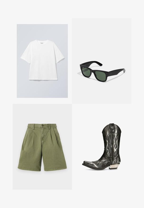 Vit bomull t-shirt med rund halsringning och korta ärmar. Avslappnad passform utan synliga mönster eller detaljer. Slät textur.; Khaki-shorts med framveck, gjorda av bomullsmaterial. Har bältesloopar och knappstängning, med rak benstil och ren fåll.; Svart läder cowboystövel med silverfärgad flamdesign, spetsig tå och en låg silverklack. Har detaljerad sömnad och en dragflik.; Svarta rektangulära solglasögon med gröna linser, matt finish, subtila hårdvaruaccents och präglad logotyp på bågen.