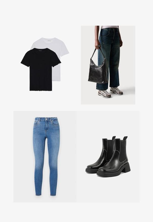 Even&Odd 2 PACK - Basic póló - black/white; Világoskék denim anyagú, szűk farmernadrág, díszítő szegecsekkel az elülső zsebnél és sodrott szegéllyel a bokánál.; Fekete bőr Chelsea csizmák masszív sarkakkal, rugalmas oldalsó panelekkel és kontrasztos fehér varrással. Texturált felület.; Fekete bőr válltáska sima textúrával és állítható pánttal, melyet elnyűtt, bő szárú farmernadrággal és sportcipőkkel párosítottak.