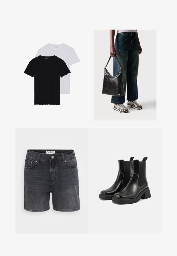Even&Odd 2 PACK - Základné tričko - black/white; Čierne denimové šortky s klasickým dizajnom, s piatimi vreckami, predným zapínaním na gombík a jemným detailom na odreninách.; Čierne kožené Chelsea čižmy s robustným podpätkom, elastickými bočnými panelmi a kontrastným bielym prešívaním. Textúrovaný povrch.; Čierna kožená taška cez rameno s hladkou textúrou a nastaviteľným popruhom, skombinovaná s vyblednutými širokými džínsy a športovými teniskami.