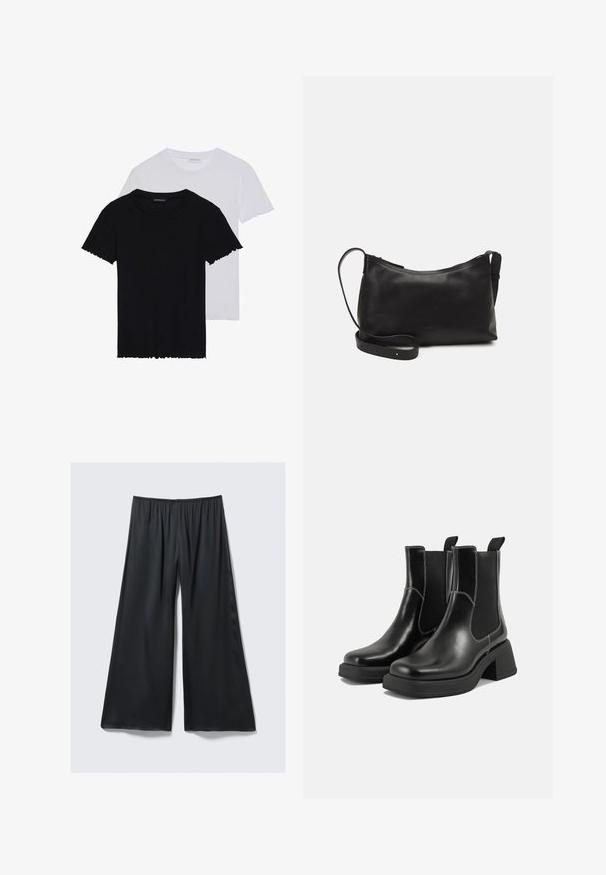 Even&Odd 2 PACK - T-shirt basic - black/white; Pantaloni neri a gamba larga realizzati in tessuto leggero con vita elastica e una texture liscia e leggermente lucida. Presentano una vestibilità rilassata.; Stivali Chelsea in pelle nera con tacco spesso, pannelli elasticizzati sui lati e cuciture bianche a contrasto. Finitura testurizzata.; Borsa a spalla in pelle nera con una texture liscia, forma curva, tracolla regolabile e chiusura con zip. Design minimalista senza ornamenti.