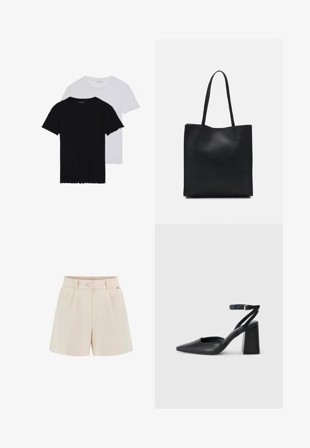 Even&Odd 2 PACK - Základné tričko - black/white; Béžové šité šortky s záhybmi, predným zapínaním na gombík a postrannými vreckami. Vyrobené z hladkého materiálu s čistým povrchom a jemným detailom značky.; Čierne kožené lodičky s špicatou špičkou a členkovým remienkom, s masívnym podpätkom. Hladký povrch, elegantný dizajn a minimalistická estetika.; Čierna kožená taška na rameno s hladkým povrchom, obdĺžnikovým tvarom a dvoma dlhými uchami. Bez viditeľného kovania alebo ozdôb.