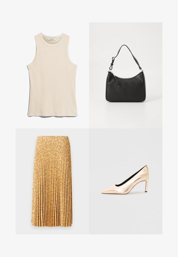 Majica bez rukava svijetlo bež boje, napravljena od rebrastog materijala, s okruglim izrezom i čistim, minimalističkim dizajnom.; Plisirana suknja svijetložute boje, ukrašena crnim cvjetnim uzorkom. Tkanina izgleda glatko s jasno definiranim okomitim šavovima.; Bež metalik visoki petni cipele s oštrim vrhom, glatkom teksturom i crnom unutrašnjošću. Ima mali detalj s logom na peti.; Crna kožna torba s zakrivljenim oblikom, jednim remenom, zatvaranjem na patentni zatvarač i suptilnim brendiranjem sprijeda. Glatka tekstura, minimalistički dizajn.