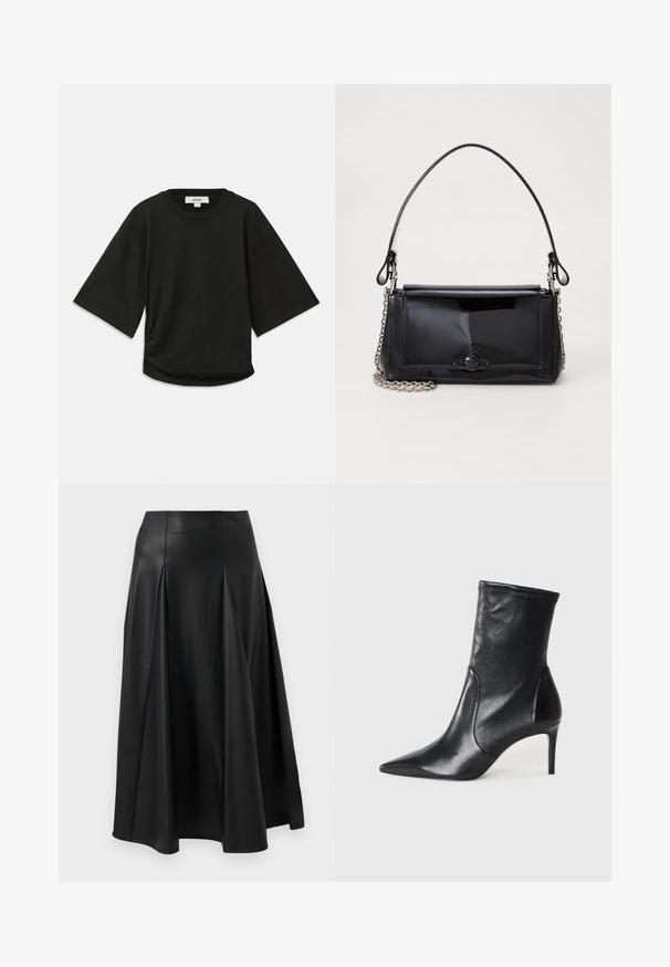 Juodas trumpomis rankovėmis marškinėliai, pagaminti iš švelnaus medvilnės, su apskritu kaklu ir laisvu siluetu, su subtiliu surinkimu šone.; Juodos odinės sijono, pasižyminčio raukšlėmis, lygaus paviršiaus, vidutinio ilgio dizainu ir prigludusia juosmens linija. Minimalistinis stilius be matomų detalių.; Juodi kulkšneliai, pagaminti iš lygaus odos, su smailiu nosiu, prigludusia ašimi ir siauru aukštu kulnu. Minimalistinis dizainas be matomų detalių.; Juodas lakinės odos rankinės ilgis stačiakampis, su grandinėlės dirželiu ir išskirtiniu metaliniu akcentu centre. Lygus paviršius.