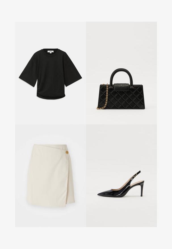 Black short-sleeve t-shirt made of soft cotton, featuring a round neckline and a relaxed fit with a subtle gathered detail at the side.; Beige wrap skirt featuring a side button closure, solid fabric, clean lines, and a smooth texture, designed for a fitted silhouette.; Black patent leather slingback pump with pointed toe, slim heel, and a subtle cutout design. Features a gold buckle on the strap.; Black handbag made of textured leather, featuring a diamond pattern, gold-tone chain strap, and a top handle with a logo-embossed flap closure.