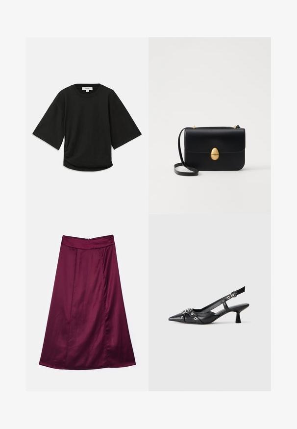 Tricou negru cu mânecă scurtă, fabricat din bumbac moale, cu un decolteu rotund și o croială lejeră, având un detaliu subtil plisat pe lateral.; Fustă A-line din satin bordeaux cu o textură fină, având o strălucire subtilă, o talie înaltă și închidere cu fermoar la spate.; Pantofii slingback din piele neagră, cu vârful ascuțit, curele decorative cu ochiuri din metal și toc bloc mic. Suprafață texturată.; Geantă de mână din piele neagră, cu o formă rectangulară structurată. Are un capac oval auriu și o curea subțire pentru umăr. Textură netedă.