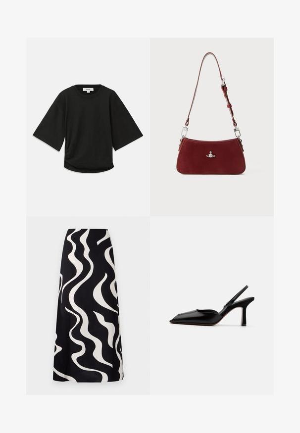 Czarna koszulka z krótkim rękawem, wykonana z miękkiej bawełny, z okrągłym dekoltem i luźnym krojem, z subtelnym marszczeniem po boku.; Czarna spódnica z białymi falistymi wzorami. Wykonana z lekkiego materiału, ma zwiewny krój i prostą linię. Idealna na codzienne wyjścia.; Czarne skórzane czółenka typu slingback z wąskim noskiem, minimalistyczny design, cienki pasek wokół kostki i elegancka szpilka. Gładka tekstura.; Czerwona zamszowa torba na ramię o wyprofilowanym kształcie. Posiada srebrny akcent oraz regulowany pasek z detalami ze stali. Gładka tekstura.