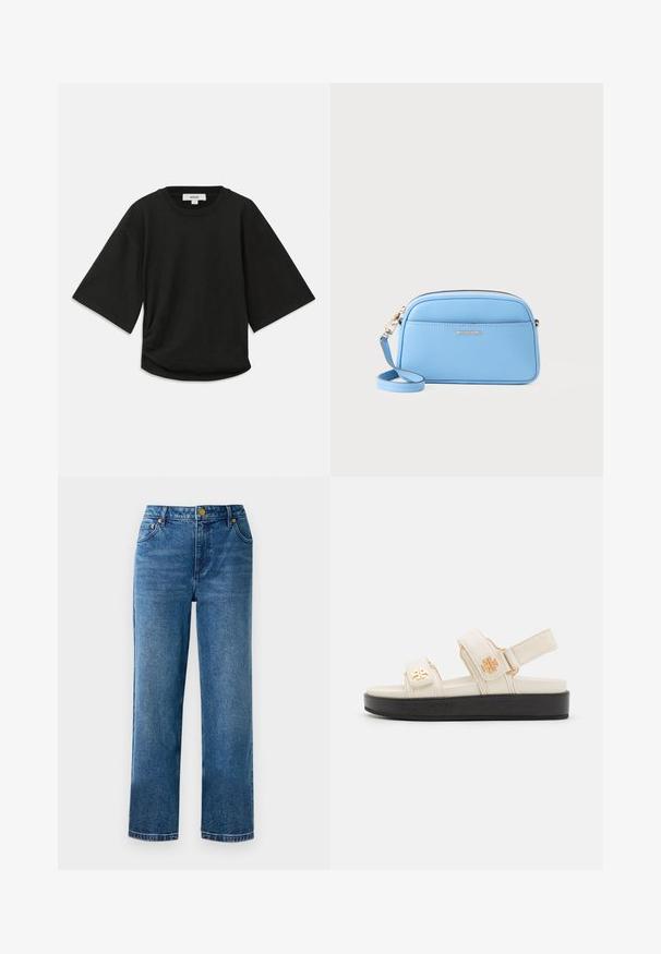 Fekete, rövid ujjú póló puha pamutból, lekerekített nyakkal és laza szabással, oldalán finom ráncolással.; Kék, magas derekú farmernadrág, egyenes szára van, pamutból készült, öt zsebből áll, arany színű fém díszítésekkel.; Beige színű, állítható szandál, sima felülettel, két pánttal és fekete platform talppal. Minden pánton arany logós részlet található.; Világoskék bőr keresztpántos táska aranyszínű fémszerelvényekkel, cipzáras záródással és elülső zsebbel. Állítható pánttal rendelkezik a kényelmes viselet érdekében.