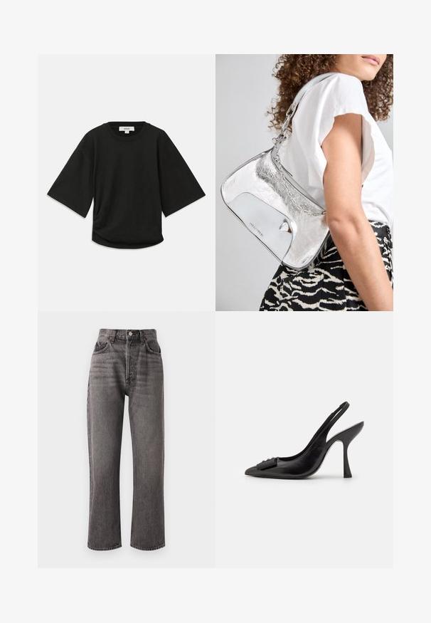 T-shirt noir à manches courtes en coton doux, avec un col rond et une coupe décontractée, présentant un discret détail froncé sur le côté.; Agolde 90S PINCH WAIST CROP - Jean droit - grey; Chaussure slingback en cuir noir avec un bout pointu, un talon haut fin et un accent de nœud décoratif. Texture lisse et design élégant.; Sac à épaule en métal argenté avec une texture lisse, un design incurvé, une bandoulière en chaîne et un panneau avant poli présentant une gravure discrète du logo.