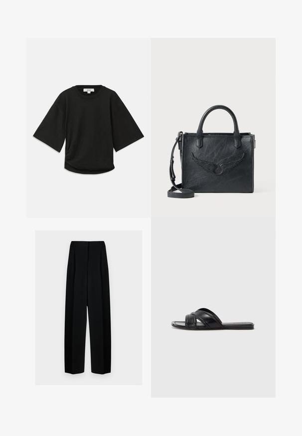 T-shirt noir à manches courtes en coton doux, avec un col rond et une coupe décontractée, présentant un discret détail froncé sur le côté.; Pantalons noirs à jambes larges avec une taille haute, présentant des plis et une texture lisse. Le tissu semble léger et tombe élégamment.; Sandales noires à glissière avec une finition en cuir lisse, présentant des lanières croisées et des découpes, ainsi qu'une semelle plate et flexible.; Sac à main en cuir noir avec un accent en forme d'aile. Il dispose de deux poignées arrondies et d'une bandoulière amovible. Surface texturée. Forme compacte.