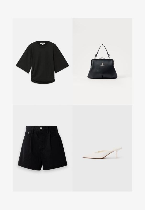 Zwarte korte mouwen t-shirt van zachte katoen, met een ronde halslijn en een ontspannen pasvorm, voorzien van een subtiele geplooide detail aan de zijkant.; Zwarte denimshorts met een rechte snit, voorzien van een knoopsluiting, twee voorzakken en een zachte, gestructureerde stof.; Witte muiltjes met spitse neus en een lage stilettohak. Gemaakt van glad materiaal met een minimalistisch ontwerp en subtiele tan kleurige zooldetails.; Zwarte leren handtas met een gestructureerde oppervlakte, zilveren hardware, sluiting met een haak, en een korte handgreep om te dragen. Compacter en gestructureerd ontwerp.