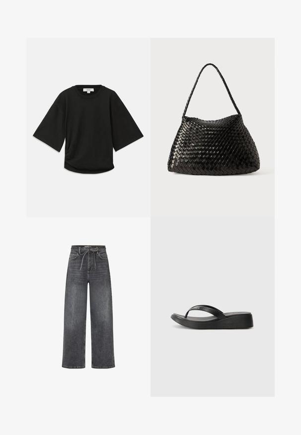 T-shirt nera a maniche corte realizzata in morbido cotone, con scollo rotondo e vestibilità comoda, caratterizzata da un sottile dettaglio arricciato sul lato.; Jeans neri in denim a vita alta e gamba larga, con tasche frontali e una cintura in tessuto annodata a fiocco in vita.; Infradito neri con cinturini in gomma e soletta testurizzata. Presentano una leggera piattaforma e un design sagomato per il comfort. Nome del marchio impresso.; Borsa a tracolla in pelle intrecciata nera con una forma morbida e curvata, dotata di una singola tracolla intrecciata, caratterizzata da una texture liscia e un motivo intricato.