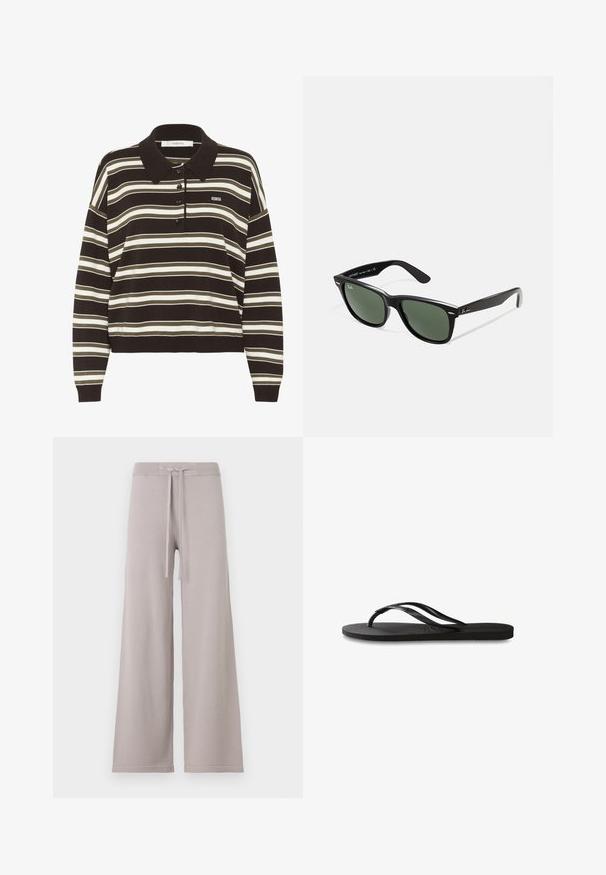 Majica s dugim rukavima, polo stil, u smešnim, bež i belim horizontalnim prugama, sa dugmadi i malim "BG" logotipom na grudima.; Svijetlosivi široki trenirke od mekog materijala. Imaju rebrasti pojas s vezicom i suptilno šivanje na rubu.; Crne japanke s teksturiranom gumenenom potplatom, dva uska remena i suptilnim, urezanim logom na remenu.; Crne plastične sunčane naočale s zelenim staklima, kvadratni okviri, srebrni naglasak na obrvi i teksturirane ručke. Naziv brenda naveden na unutrašnjoj strani ručke.