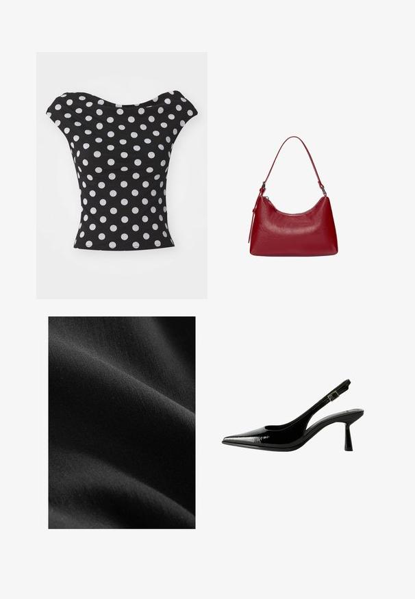 Top negru cu buline albe, având un decolteu larg, off-the-shoulder și o formă ajustată. Fabricat dintr-un material moale și elastic.; Material negru cu o textură netedă, mată, ce prezintă variații subtile în nuanță și fibră, drapat pentru a evidenția curbele delicate și profunzimea.; Pantofi cu toc slingback din piele patent neagră, cu vârf ascuțit, laterale decupate, curea la gleznă ajustabilă și toc subțire, elegant.; Geantă de umăr din piele roșie, cu un design curbat, textură netedă și închidere cu fermoar. Dispune de un mâner subțire pentru transport.