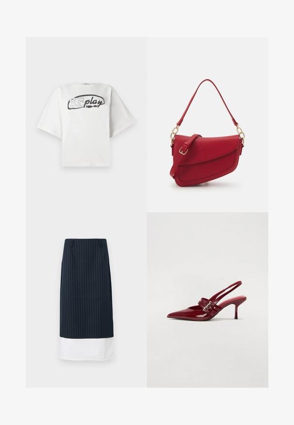 Replay Apdrukāts T-krekls - off white; Jūras spēku zilo svītraino svārku ar kārtotu baltu apakšmalu, kas izceļ taisnu dizainu un smalkas priekšējās krokas. Izgatavoti no gludas auduma.; Sarkana lakota ādas kurpju kurpes ar atvērtu papēdi, norādītu purngalu, divām sprādzēm un slaidu, vidēja augstuma stiletu papēdi. Gluda tekstūra.; Sarkans teksturēts ādas plecu soma ar garu siksnu un zelta piederumiem, ar izliekta vāka aizdari un strukturētu siluetu.