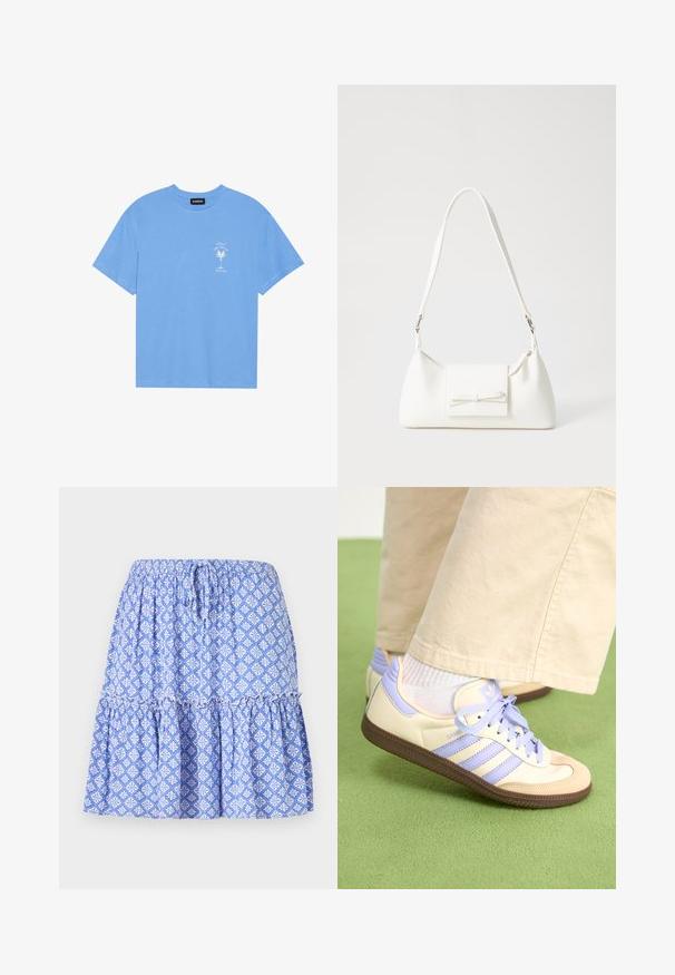 Vaaleansininen puuvillainen t-paita, jossa on pyöreä kaula-aukko. Vasemmassa rintakehässä on valkoinen graafinen kuva palmuesta ja teksti. Lyhyet hihat.; Sininen kuvioitu hame, jossa on joustava vyötärö, kerroksellinen muotoilu ja valkoiset kukkakuviot. Valmistettu kevyestä kankaasta, jossa on pehmeä tekstuuri.; Kermasilta ja laventelilta näyttävät lenkkarit kolmella raidalla ja teksturoidulla ruskealla pohjalla, varustettuna nauhoilla ja pehmustetulla kantapäällä. Pehmeä kangaspinta.; Valkoinen synteettinen käsilaukku, jossa on kolmikulmainen muoto, tasainen etu läppä ja nauhadetail, säädettävä olkahihna, sileä rakenne ja minimalinen muotoilu.