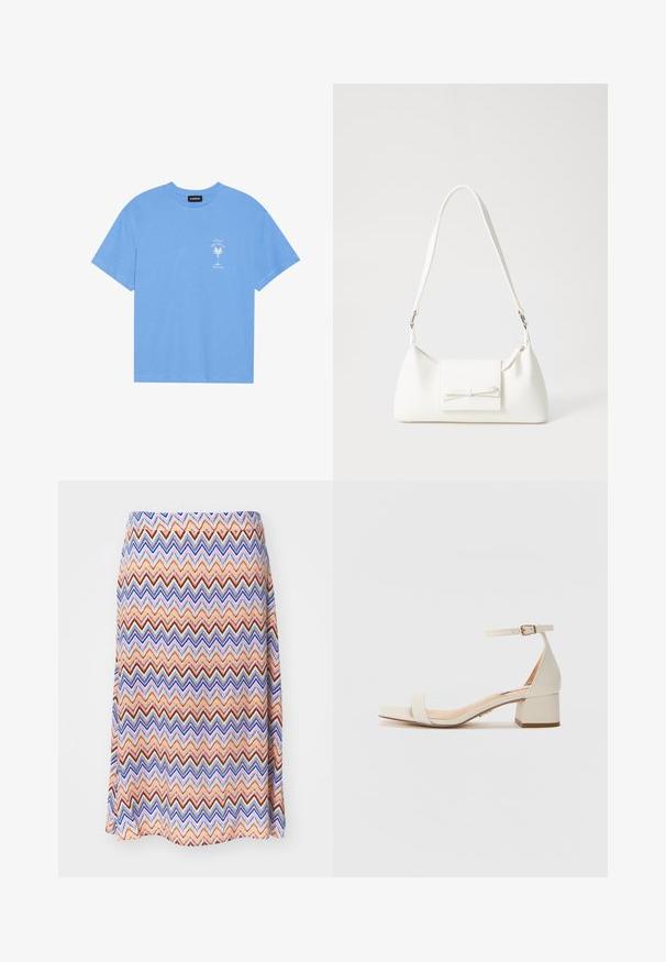 Világoskék pamut póló, lekerekített nyakkal. Az elülső bal mellrészen egy fehér pálmafát és szöveget ábrázoló grafikával rendelkezik. Rövid ujjak.; Többszínű zig-zag mintázatú szoknya. Könnyű anyagból készült, szélesedő sziluettel és derékrésszel. Főleg narancssárga, kék és piros színekből áll.; Bézs színű, négyzet alakú orrú, blokk sarkú szandál. Karcsú bokapánttal rendelkezik, amely csattal záródik, sima bőrszerű anyaggal készült, és mérsékelt sarokmagassága van.; Fehér szintetikus kézitáska, háromszög alakú, lapos előlap, masni részlettel, állítható pánttal, sima textúrával és minimalista dizájnnal.